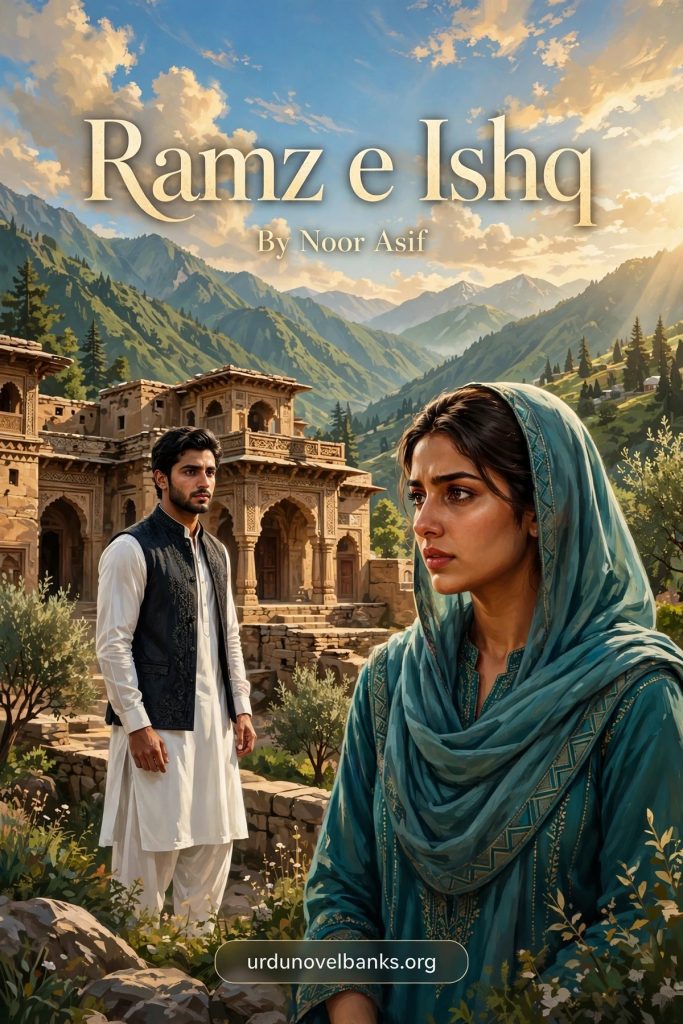 Ramz e Ishq Novel By Noor Asif 2 Cinematic portrait artwork for Ramz e Ishq Novel By Noor Asif, showing a Pakhtun couple before a tribal haveli in the Swat mountains